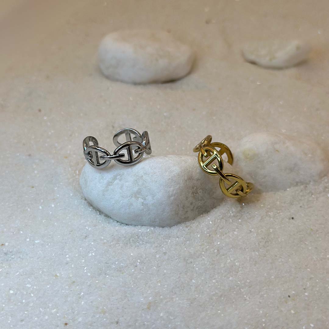 Deux très jolies bagues en or et an argent "ari" sont au centre de l'image, posées sur un caillou blanc. L'une est sur le dessus, l'autre à cheval sur la droite. Les bijoux en acier inoxydable sont en forme de maillons. Tout autour se trouve du sable blanc et d'autres cailloux.