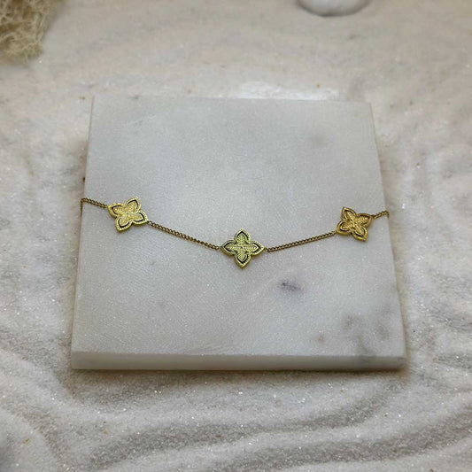 Un très jolie bracelet en or "irina" est au centre de l'image en gros plan, posé sur une plaque de marbre. Le bijoux en acier inoxydable est composé d'une chaîne en argent et deux 3 charms en forme d'étoiles. Tout autour se trouve du sable blanc.